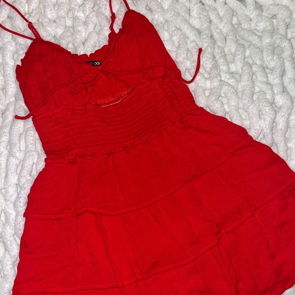 Red Boho Beachy Ruffle Spaghetti-Strap Dress